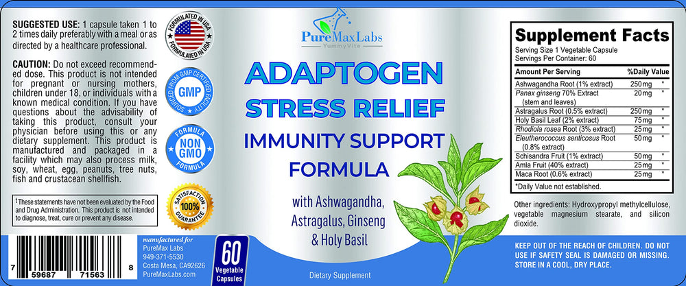 Product packaging and label design for Adaptogen Stress Relief Immunity Support