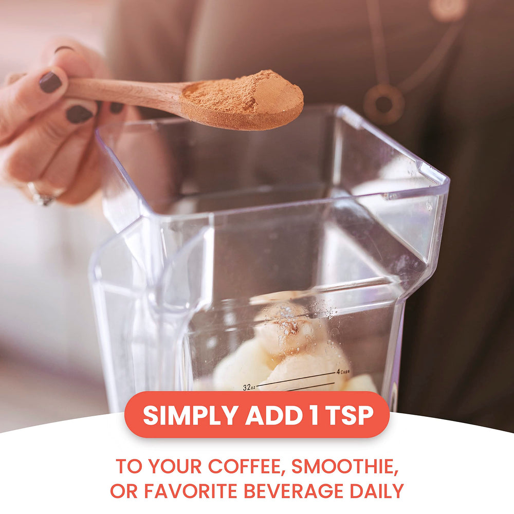 Scoop of mushroom powder being added to coffee, tea, or smoothie