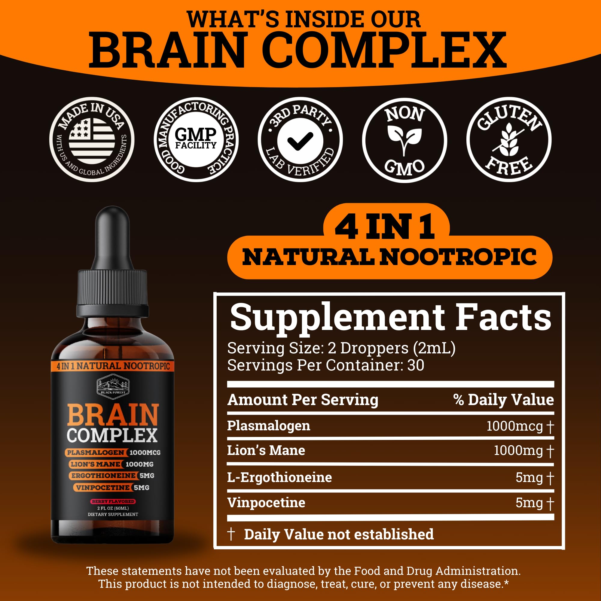 Close-up graphic of 4-in-1 focus ingredients: plasmalogen, lion’s mane, vinpocetine, ergothioneine