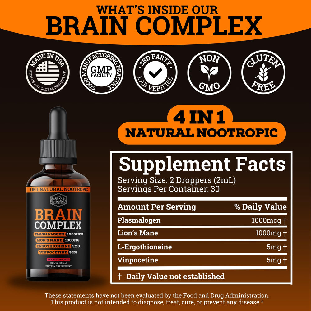 Close-up graphic of 4-in-1 focus ingredients: plasmalogen, lion’s mane, vinpocetine, ergothioneine