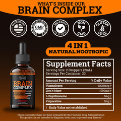 Close-up graphic of 4-in-1 focus ingredients: plasmalogen, lion’s mane, vinpocetine, ergothioneine