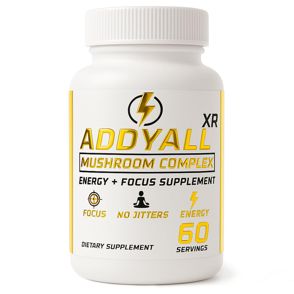 Bottle of ADDYALL-XR Mushroom Complex capsules on a clean surface