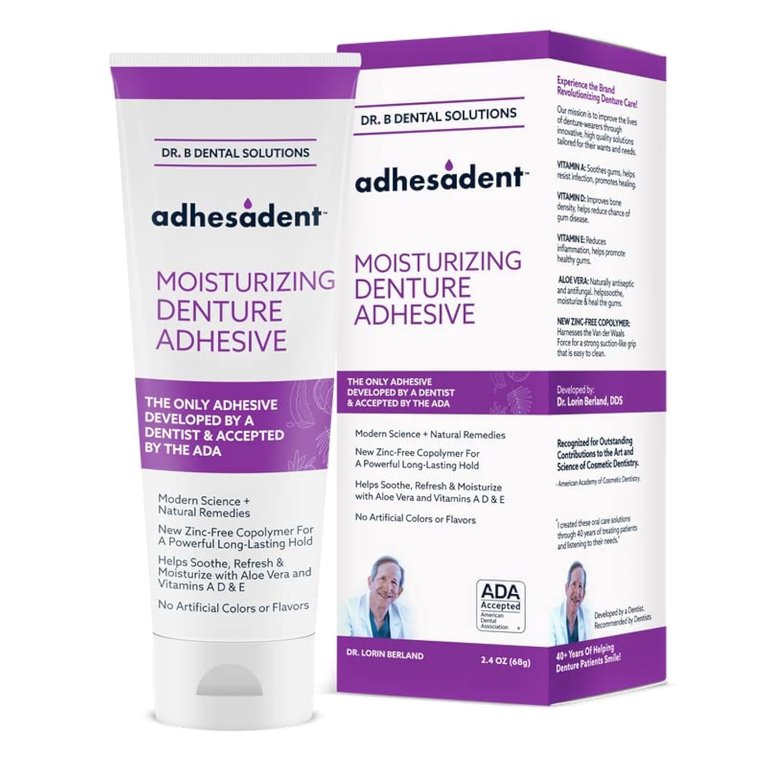 Adhesadent Moisturizing Denture Adhesive tube and packaging, 2.4 oz