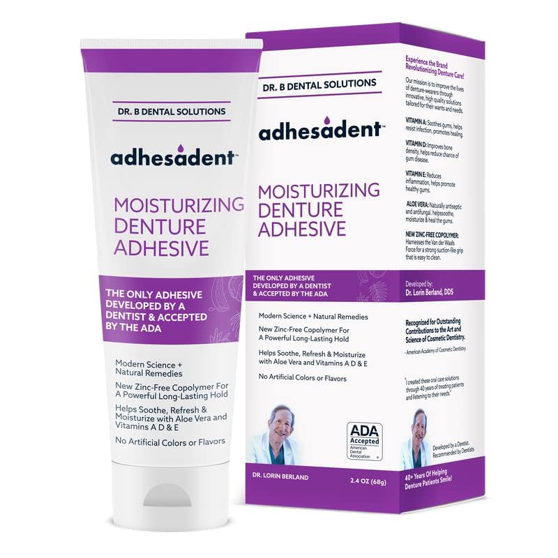 Close-up of Adhesadent application on a denture for secure fit