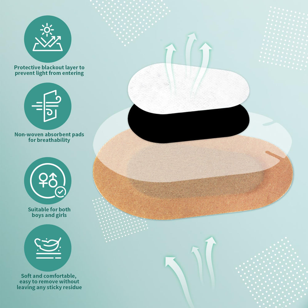 Open package showing beige adhesive eye patches for adults