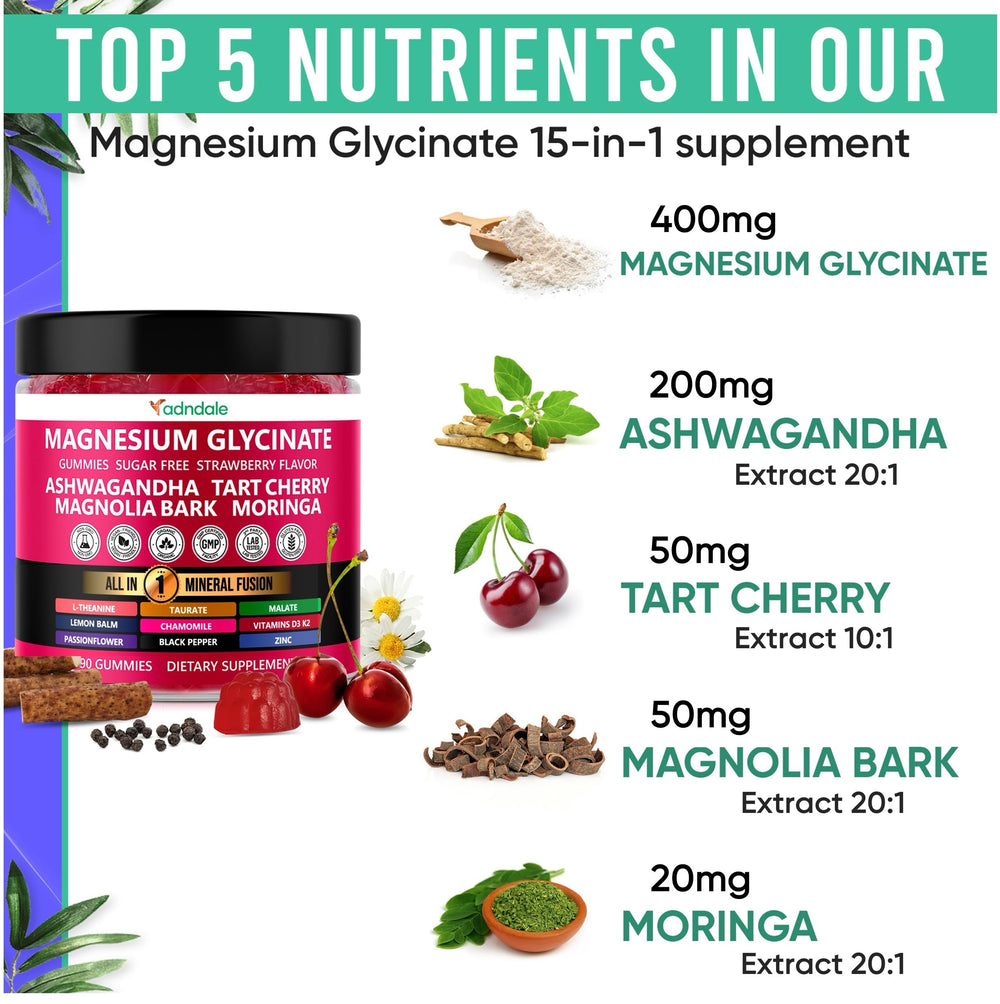 Back label showing supplement facts for Adndale 90ct 15-in-1 gummies