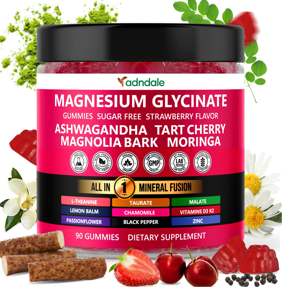 Front view of Adndale 90-count bottle of 15-in-1 Magnesium Glycinate Gummies