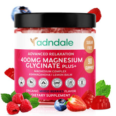 Front view of Adndale 90-count magnesium glycinate gummies with ashwagandha berry