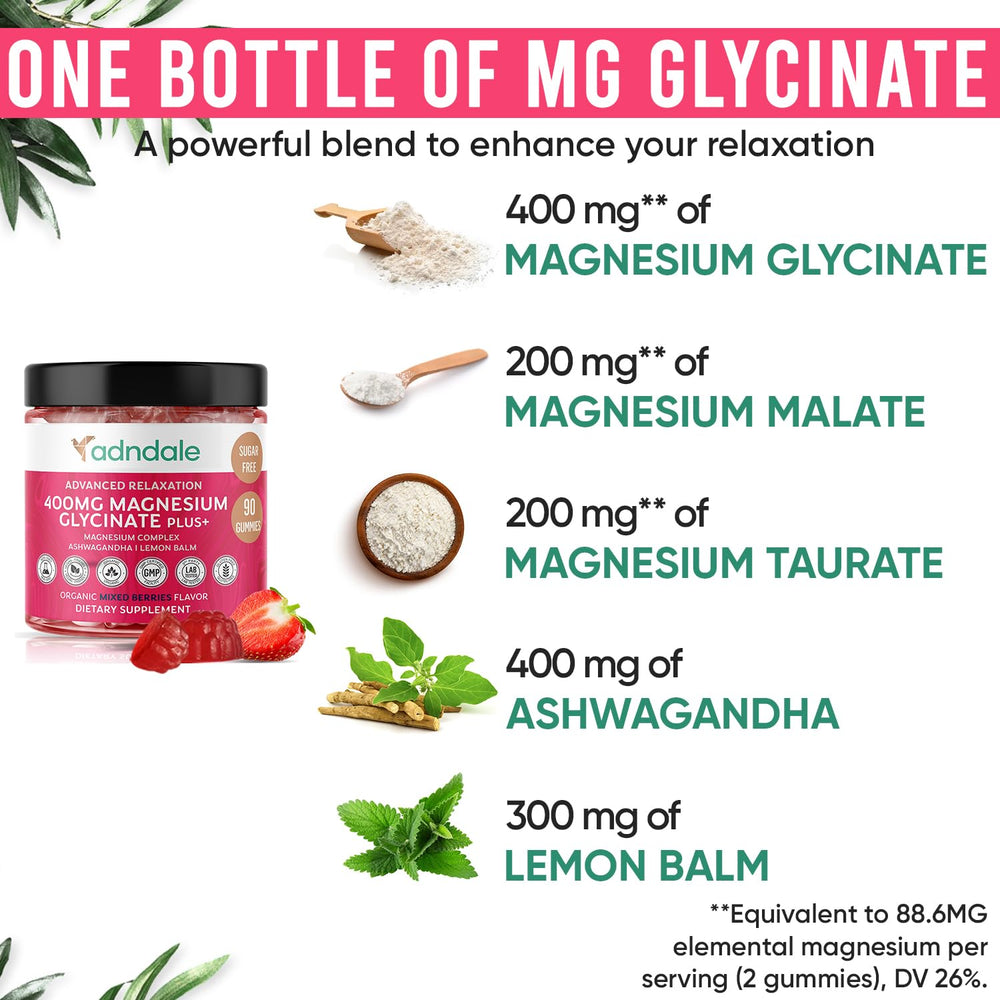 Adndale Ashwagandha Magnesium Gummies close-up highlights the calming herbal blend.