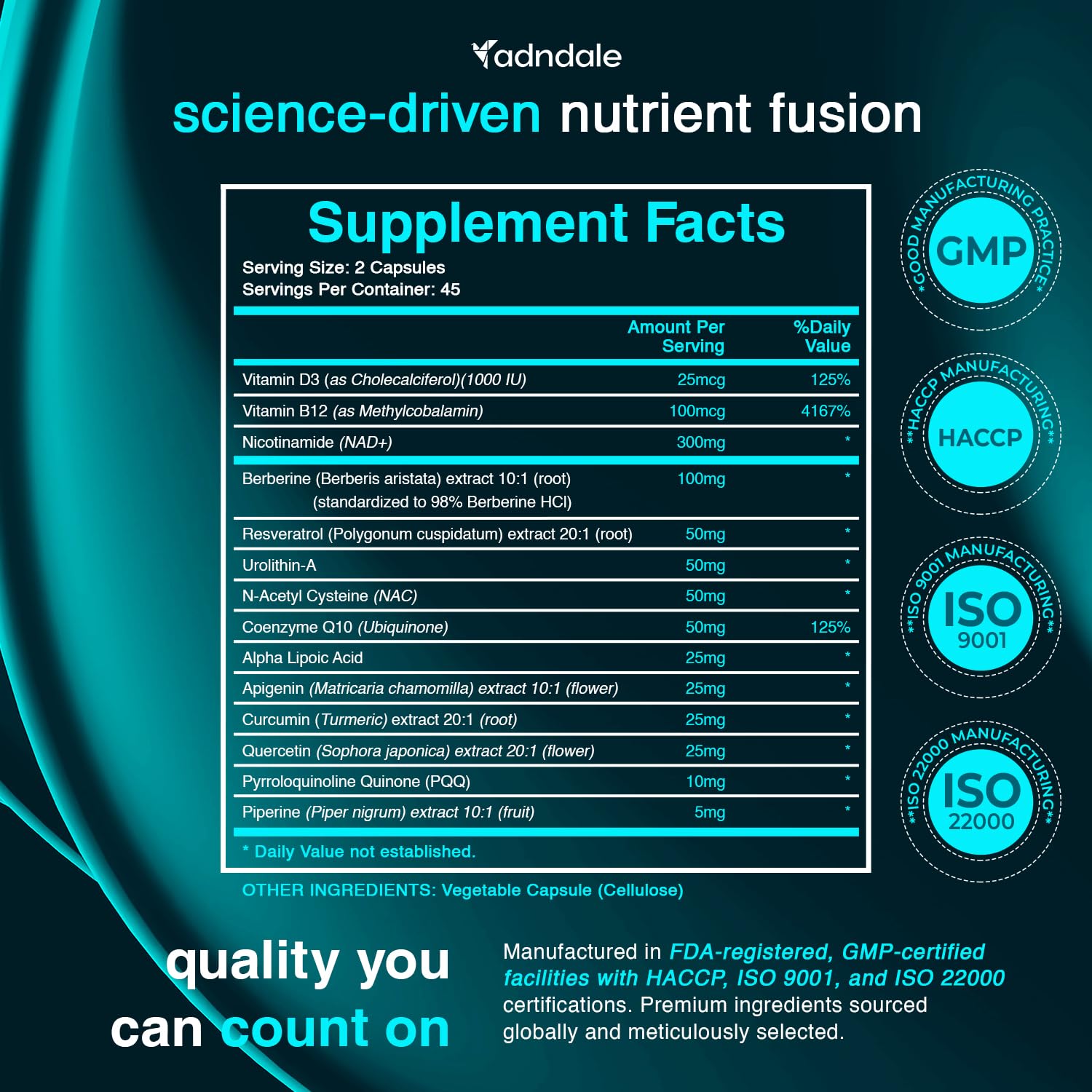 Close-up of Adndale NAD+ Supplement bottle label