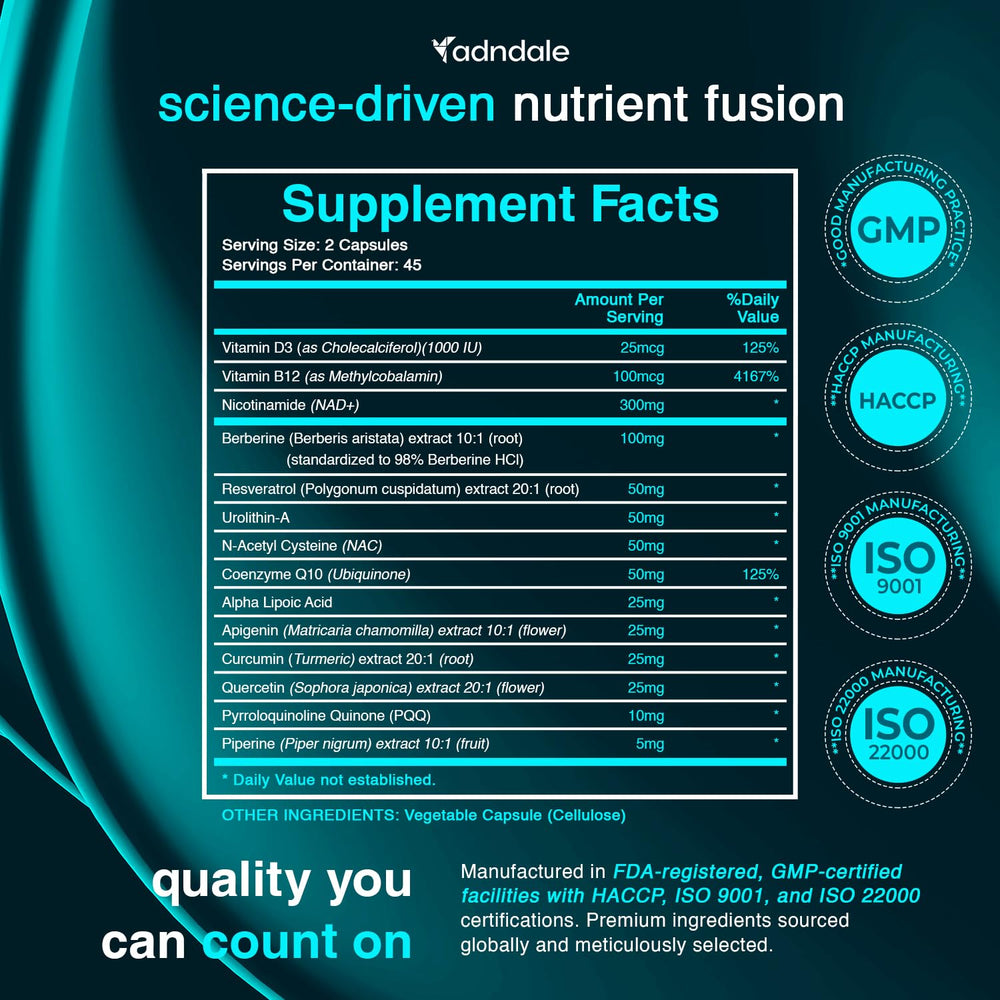 Close-up of Adndale NAD+ Supplement bottle label