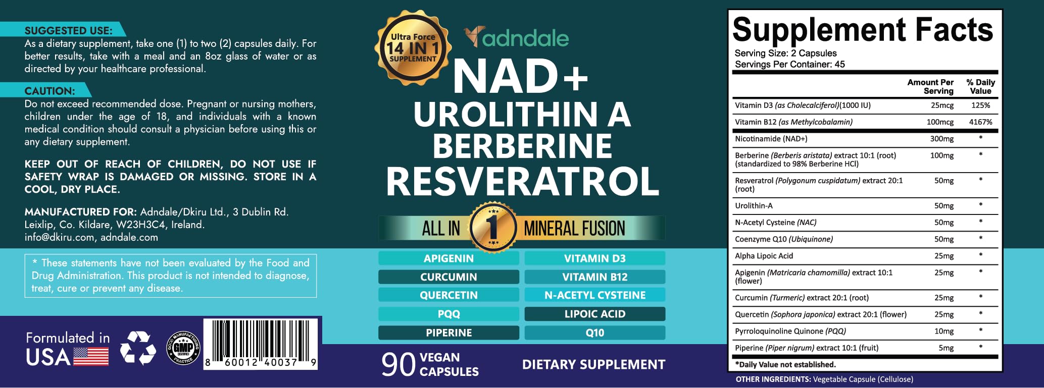 Ingredients label close-up of Adndale NAD+ Supplement