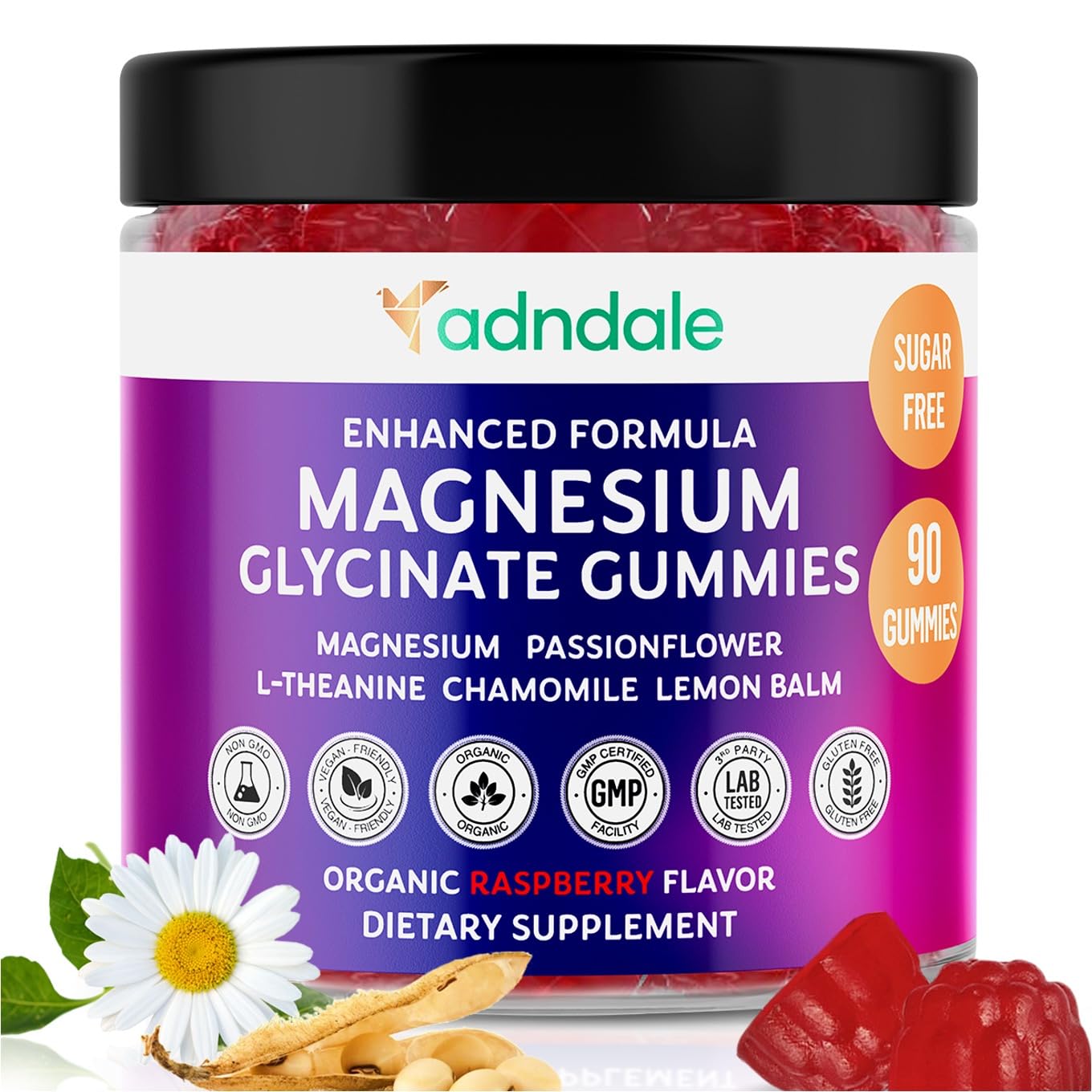 Adndale Pure Magnesium Glycinate Gummies raspberry bottle promotes calm evenings for the whole family.