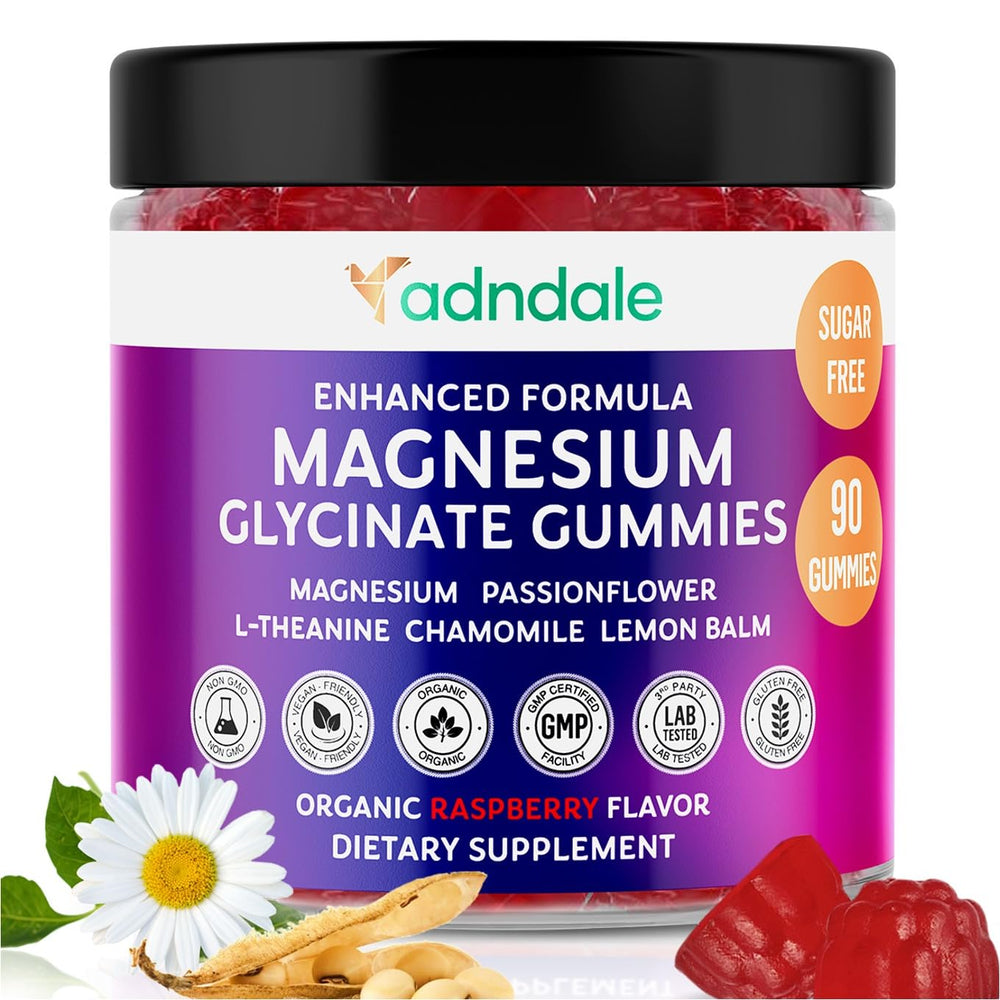 Adndale Pure Magnesium Glycinate Gummies raspberry bottle promotes calm evenings for the whole family.