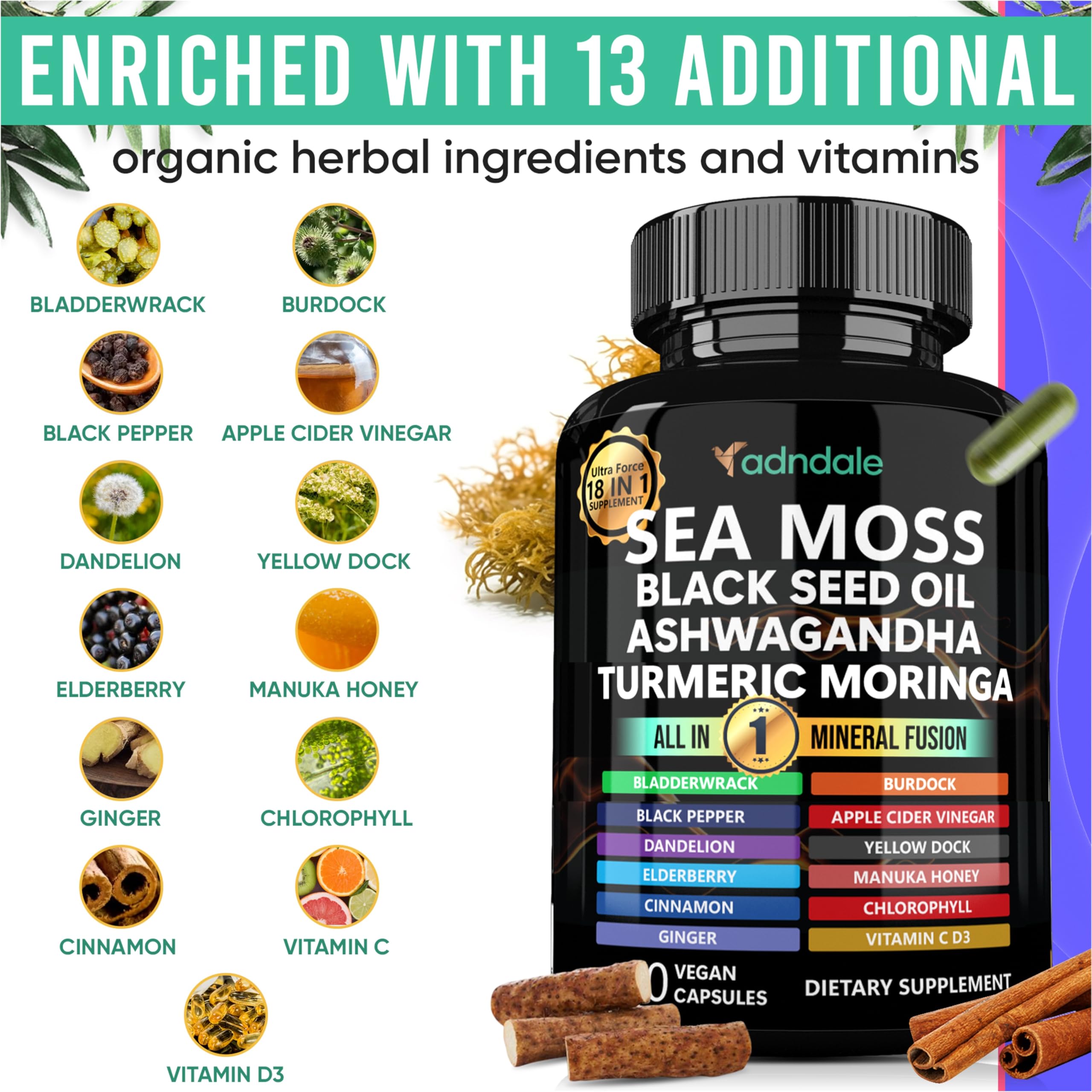 Capsules featuring ashwagandha, ginger and turmeric ingredients