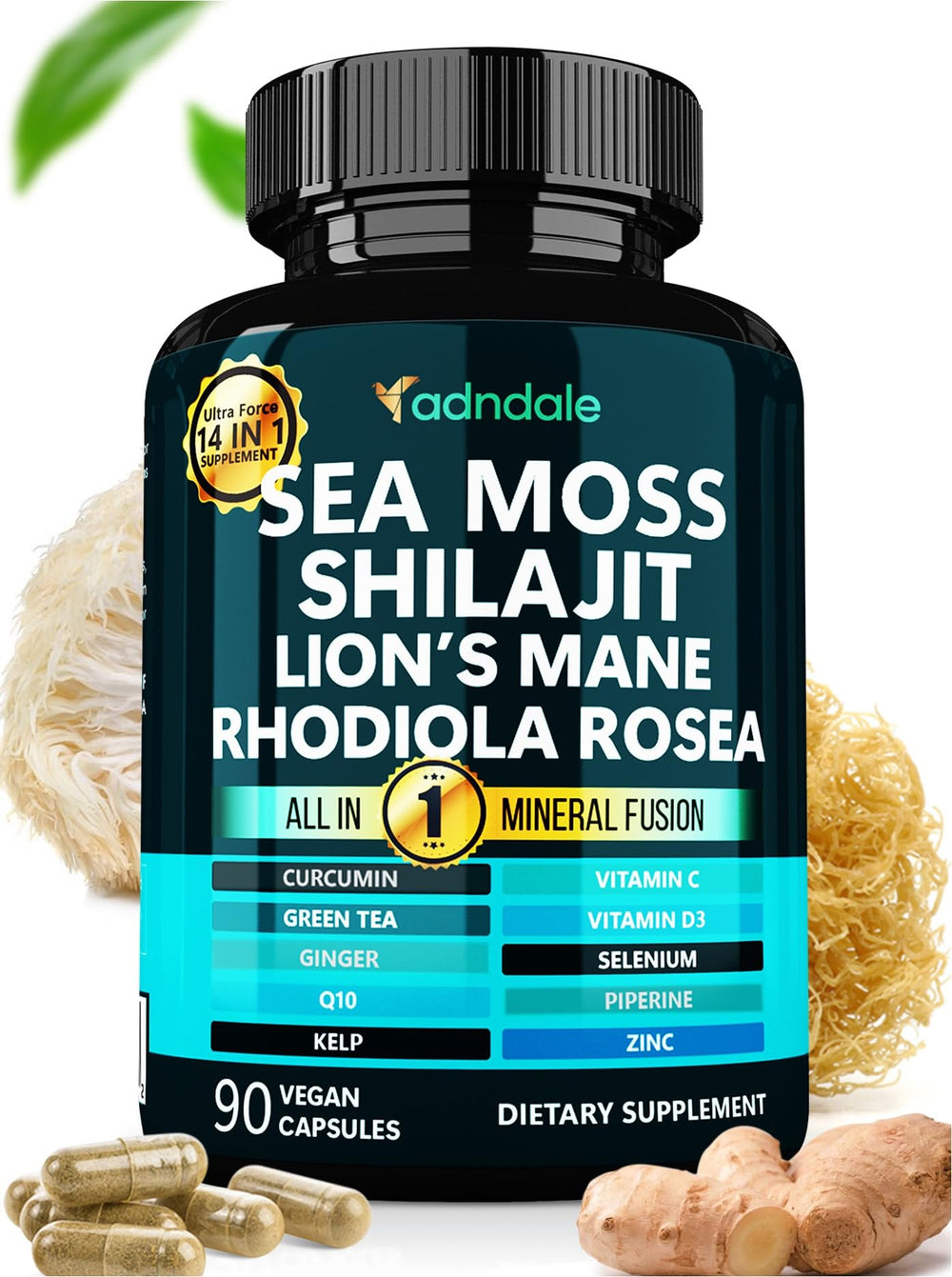 Adndale Sea Moss Capsules bottle on white background