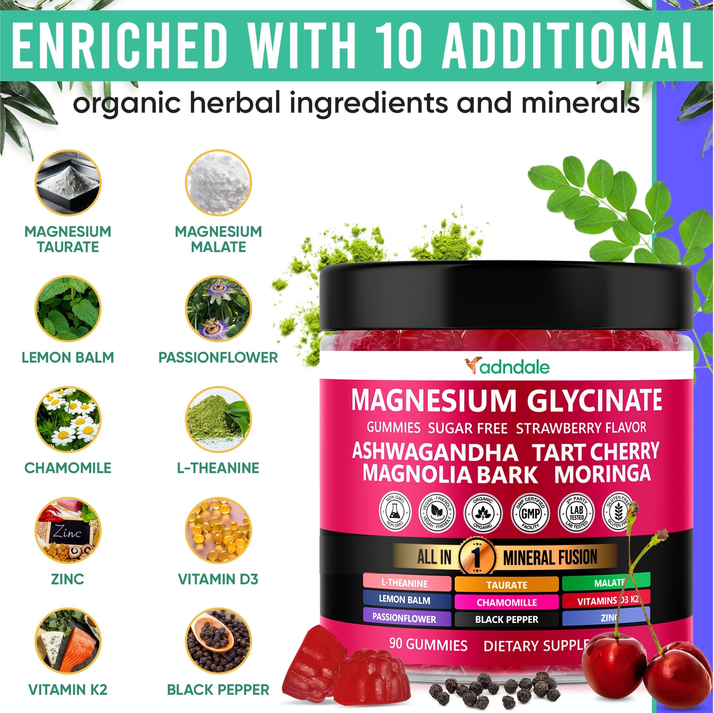 Adndale sugar-free strawberry gummies closeup shows tasty, guilt-free flavor for daily use