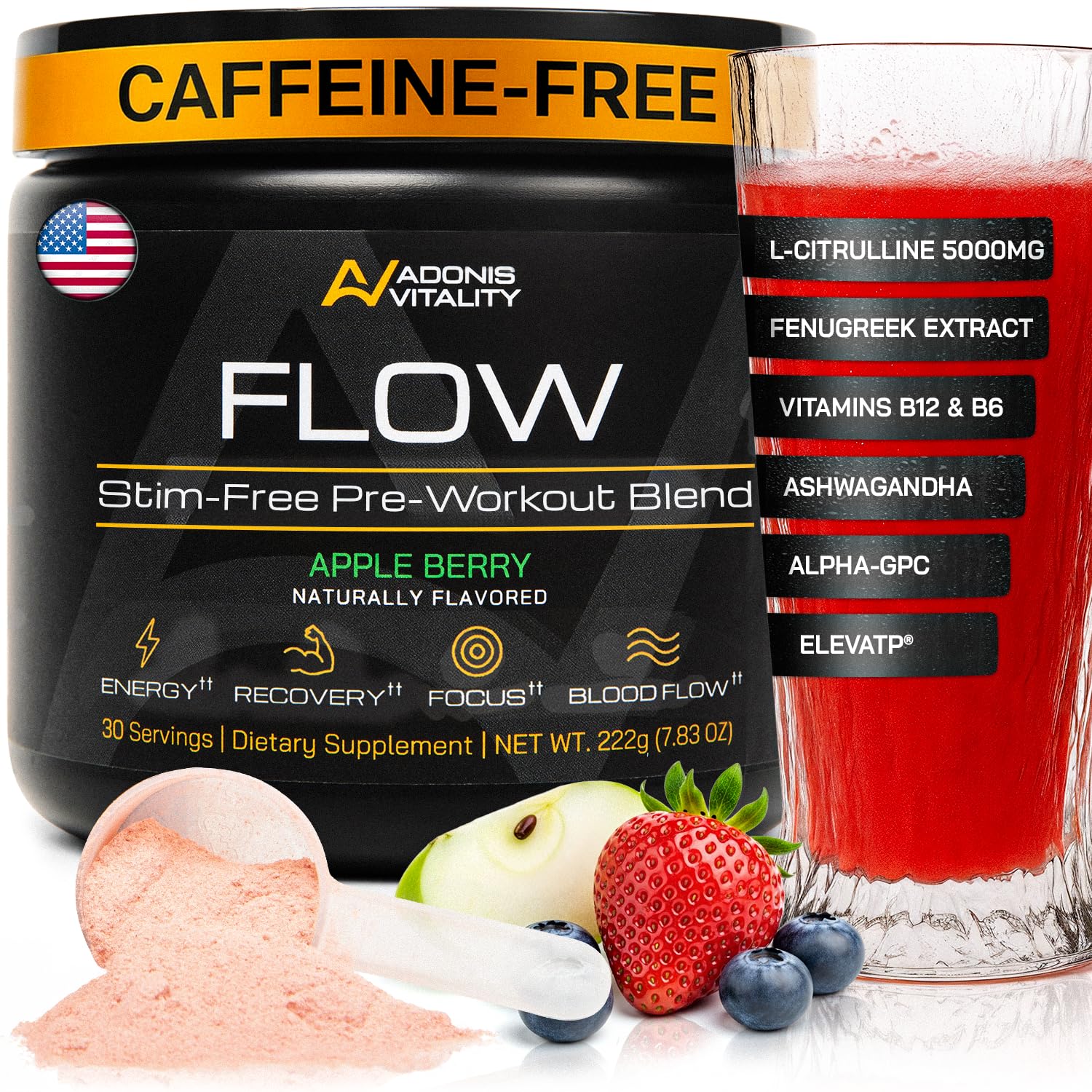 Adonis Flow bottle with Apple Berry flavor for stimulant-free energy and blood flow.