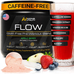 Adonis Flow bottle with Apple Berry flavor for stimulant-free energy and blood flow.