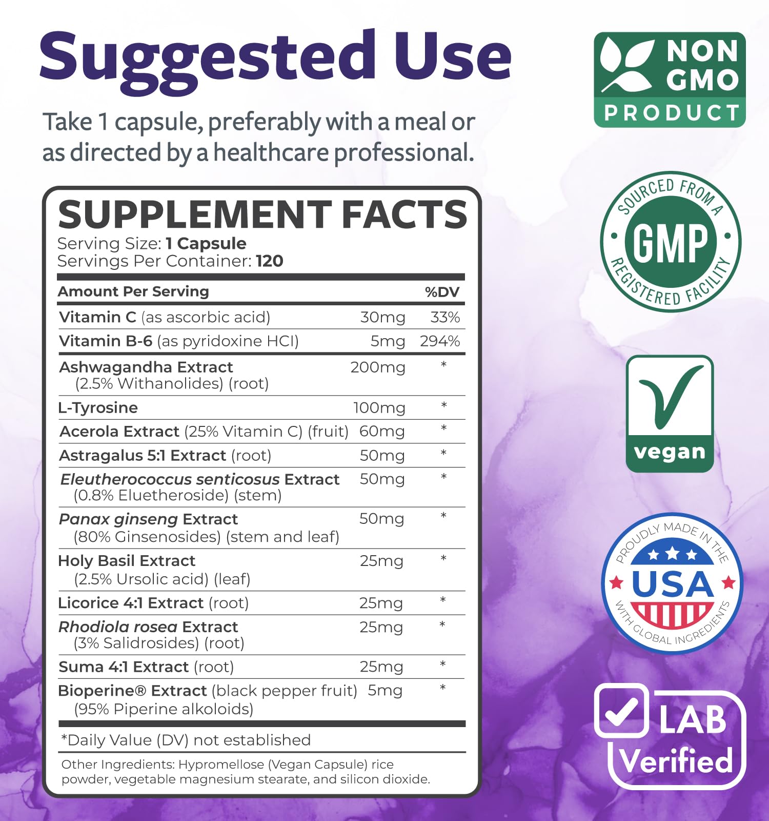Herbal ingredients including ginseng, rhodiola, suma root and holy basil