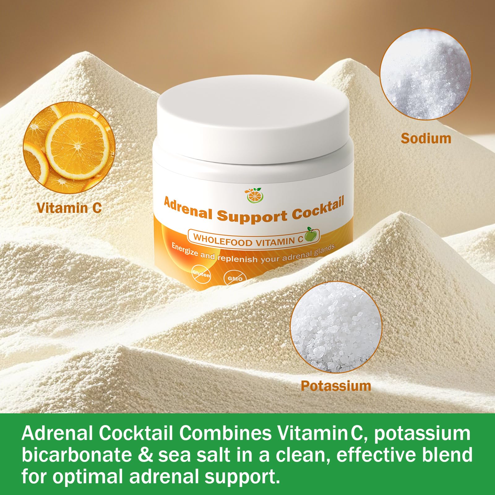 Close-up of key ingredients: Whole Food Vitamin C, Potassium Bicarbonate, Sea Salt