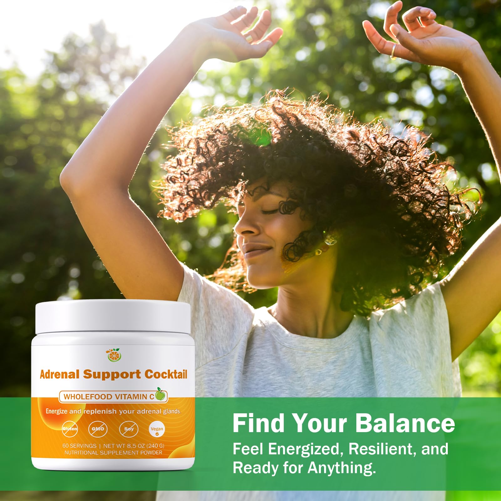 8.5 oz jar of Adrenal Support Cocktail Powder on a clean surface