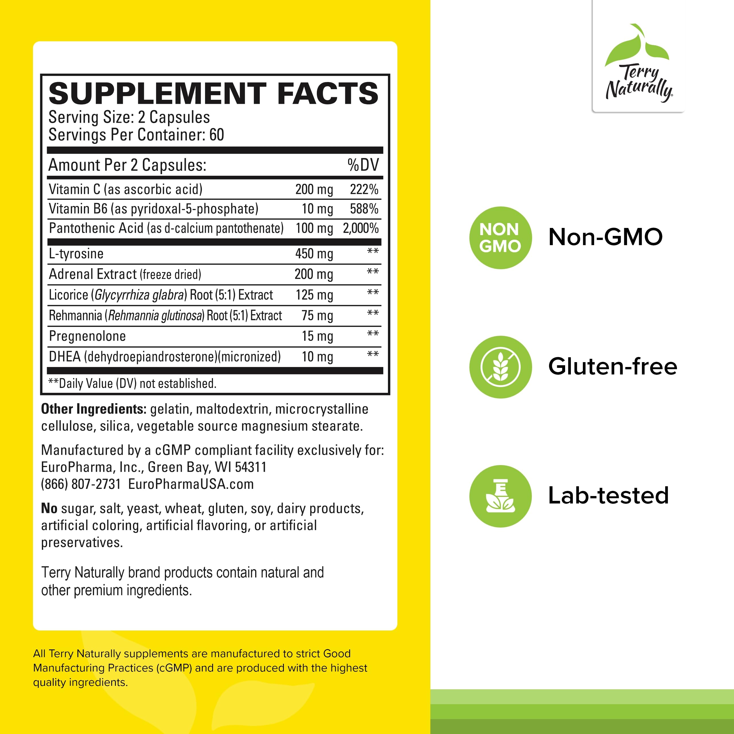 Close-up of Adrenaplex label highlighting DHEA and L-Tyrosine