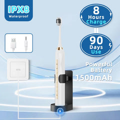 Toothbrush showing 5 brushing modes: cleaning, brightening, polishing, care, sensitivity