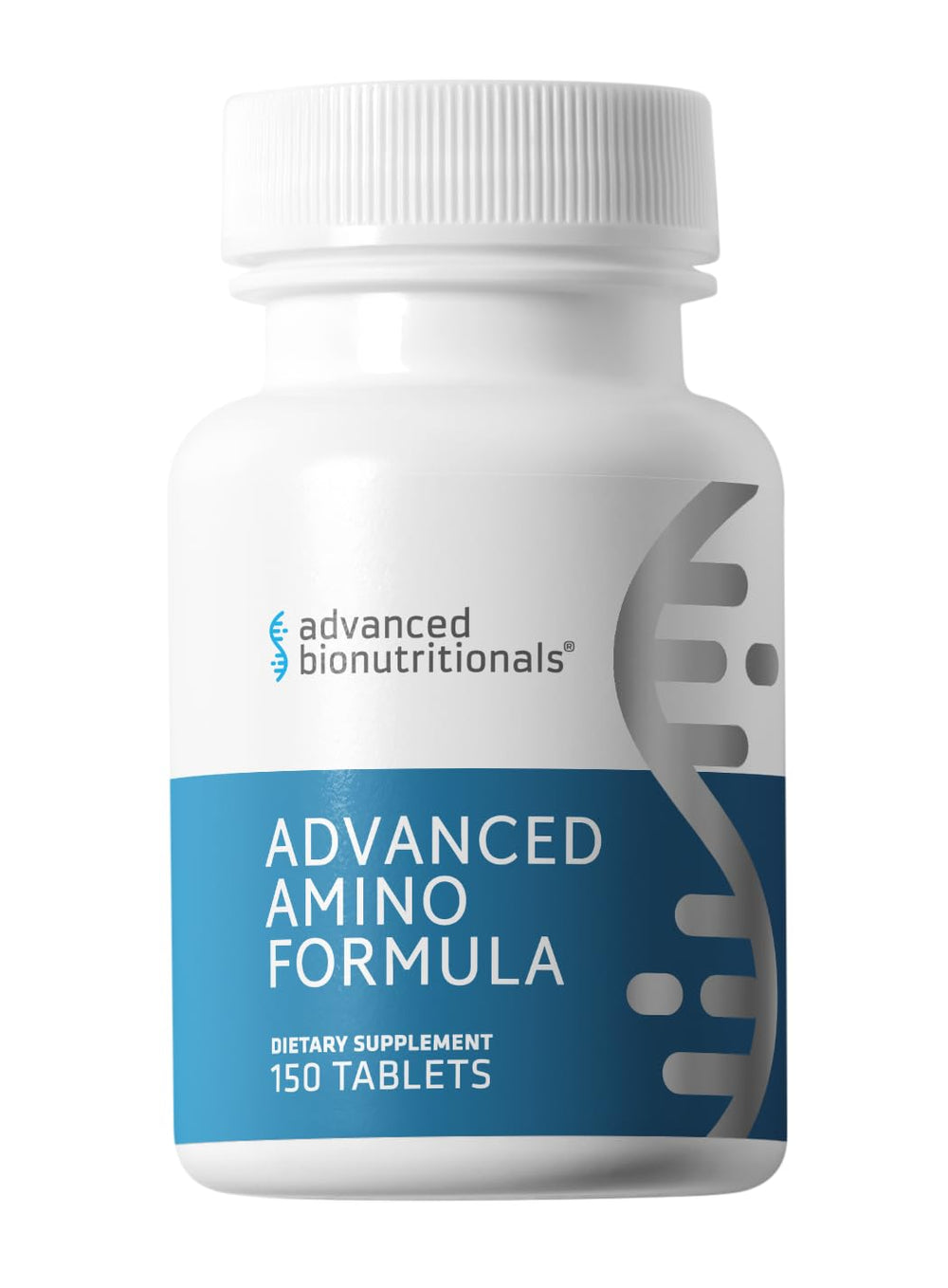 Bottle of Advanced Amino Formula tablets showing 8 essential amino acids