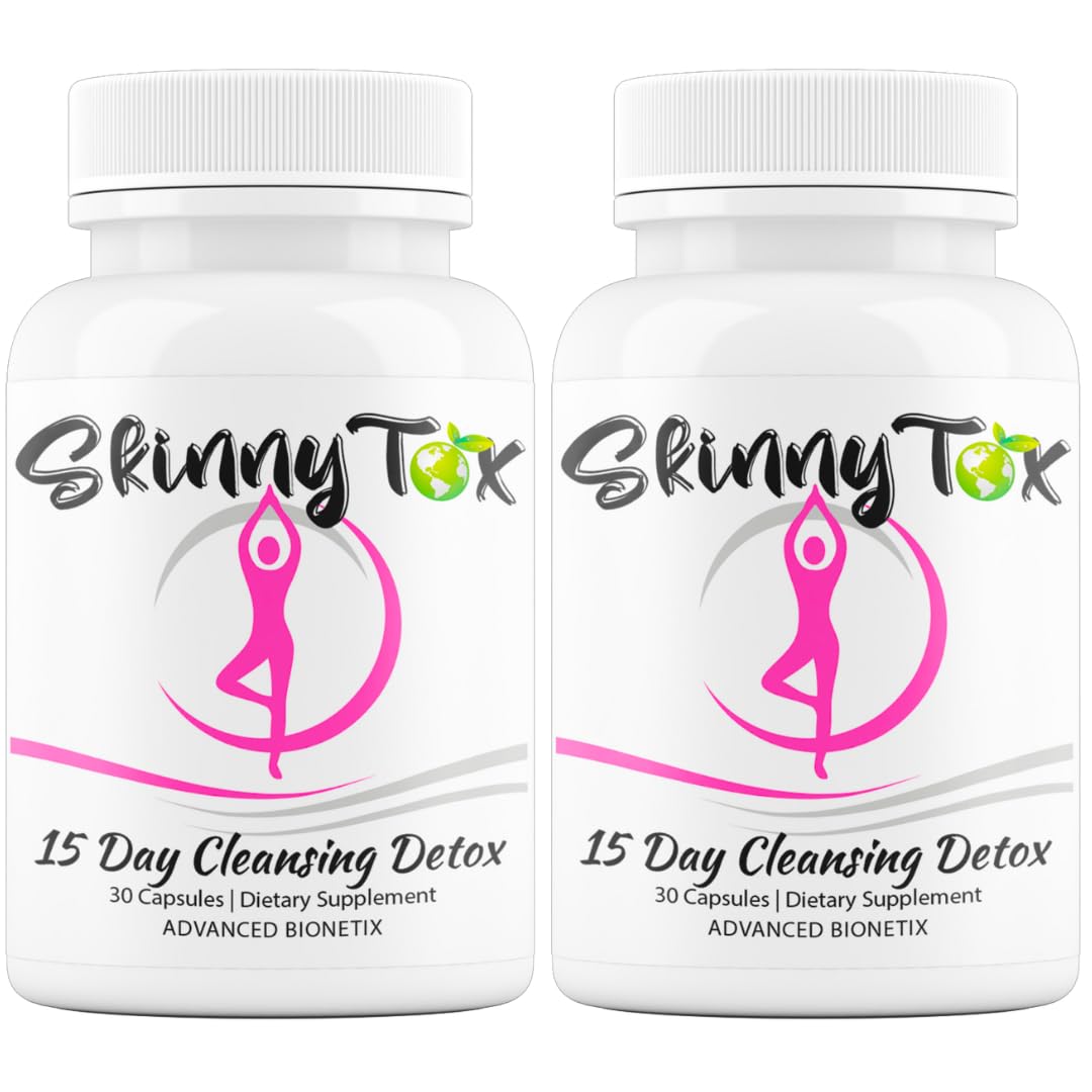 Advanced Bionetix Skinnytox bottle on kitchen counter supports digestive health.