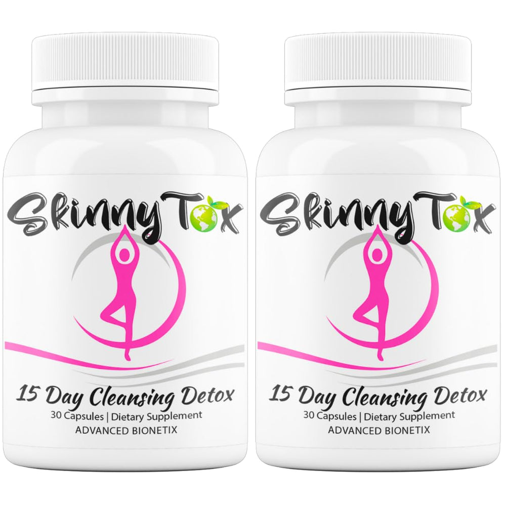 Advanced Bionetix Skinnytox bottle on kitchen counter supports digestive health.