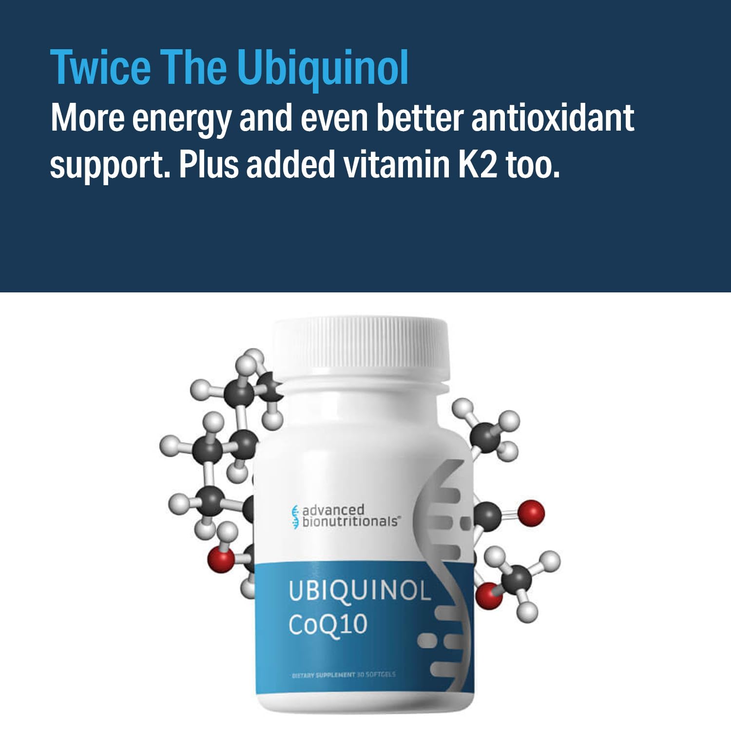 Advanced Bionutritionals Ubiquinol CoQ10 USA-made seal indicates quality manufacturing.