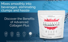 Nutrition label and scoop of Advanced Collagen Plus Powder