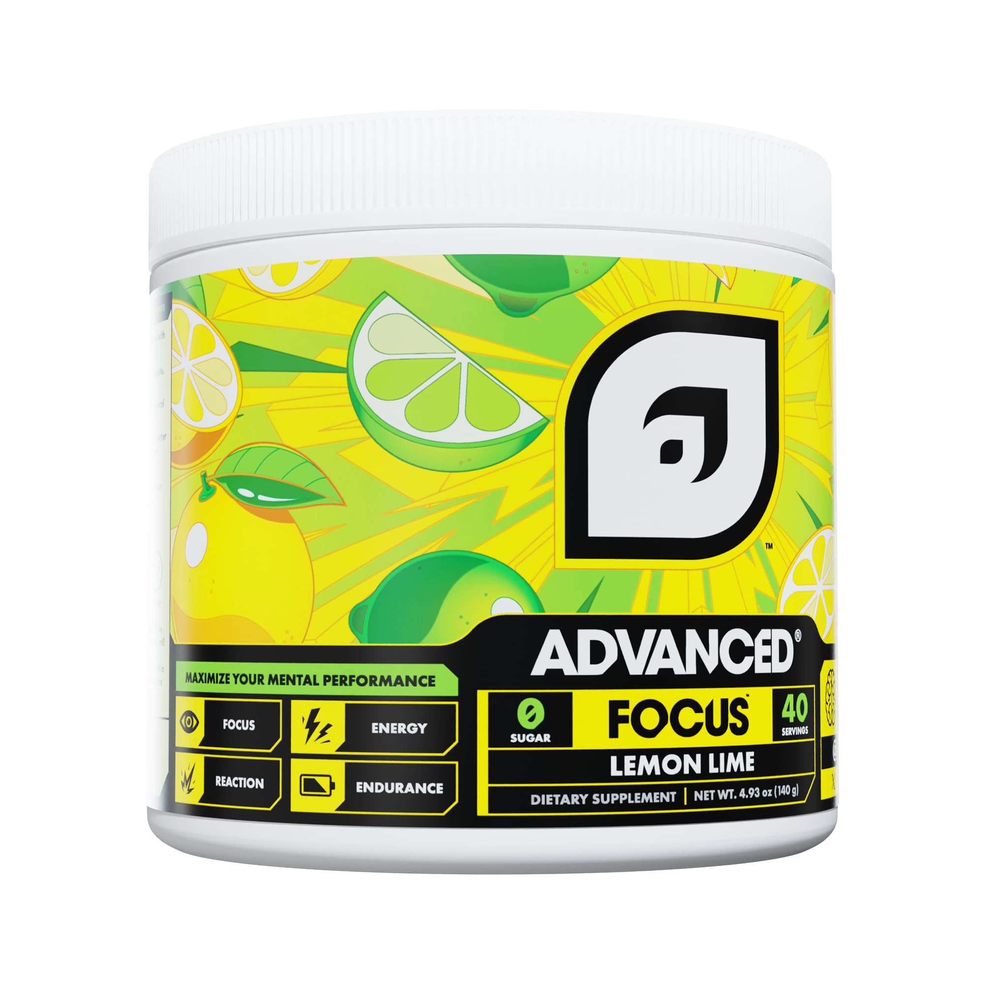 Close-up of Advanced Focus Lemon Lime bottle with label details