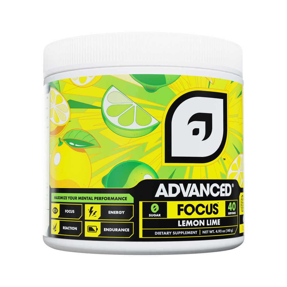 Close-up of Advanced Focus Lemon Lime bottle with label details