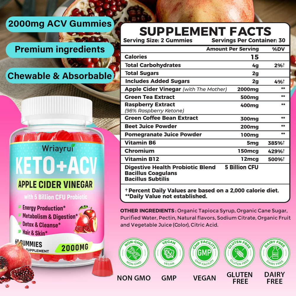 Gummies ingredients: ACV, green tea, B6 & B12