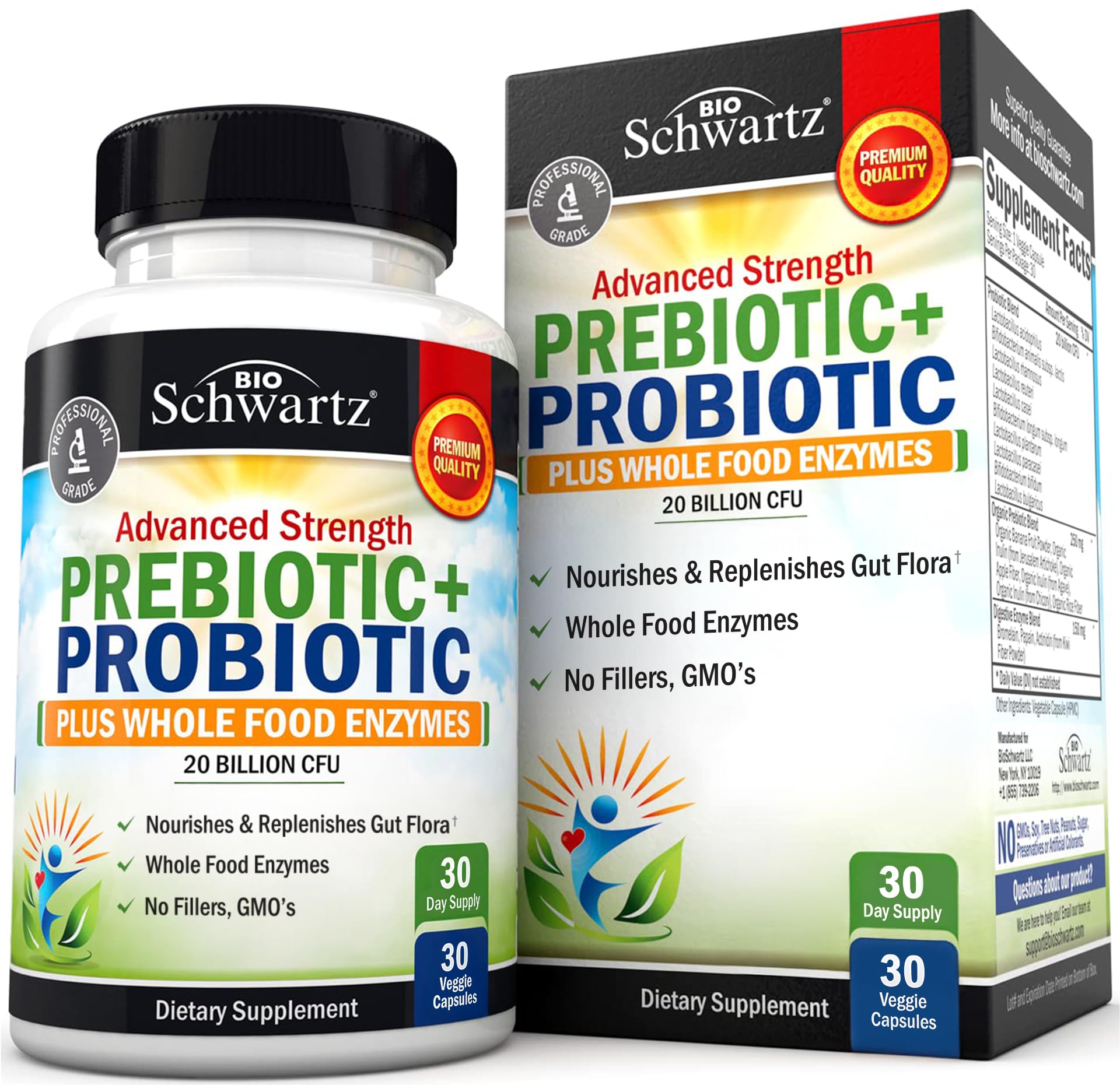 Bottle of advanced prebiotics and probiotics for digestive health