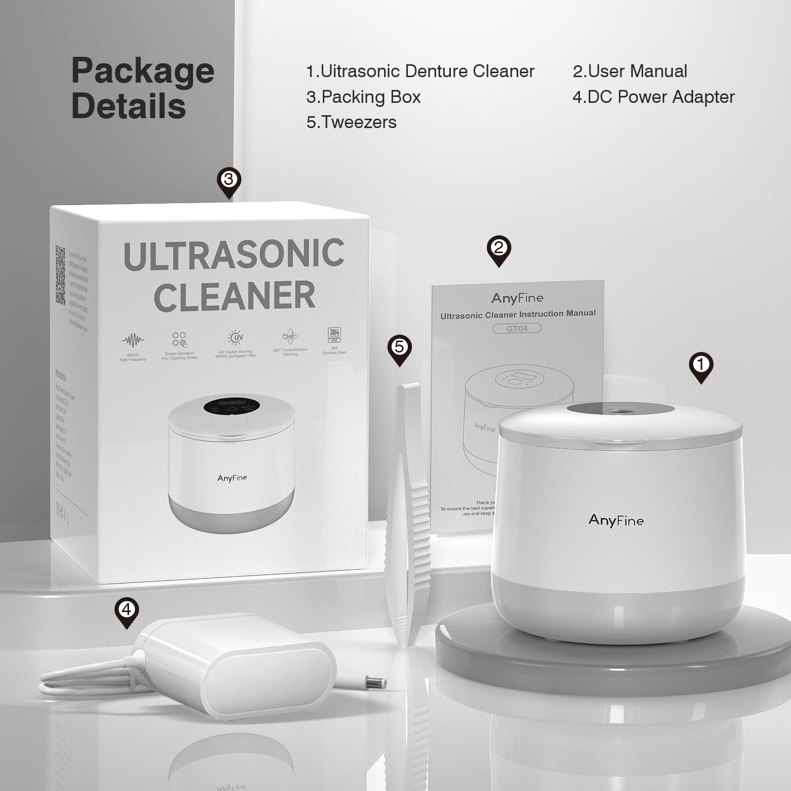 Packaging and six cleaning tablets included with unit