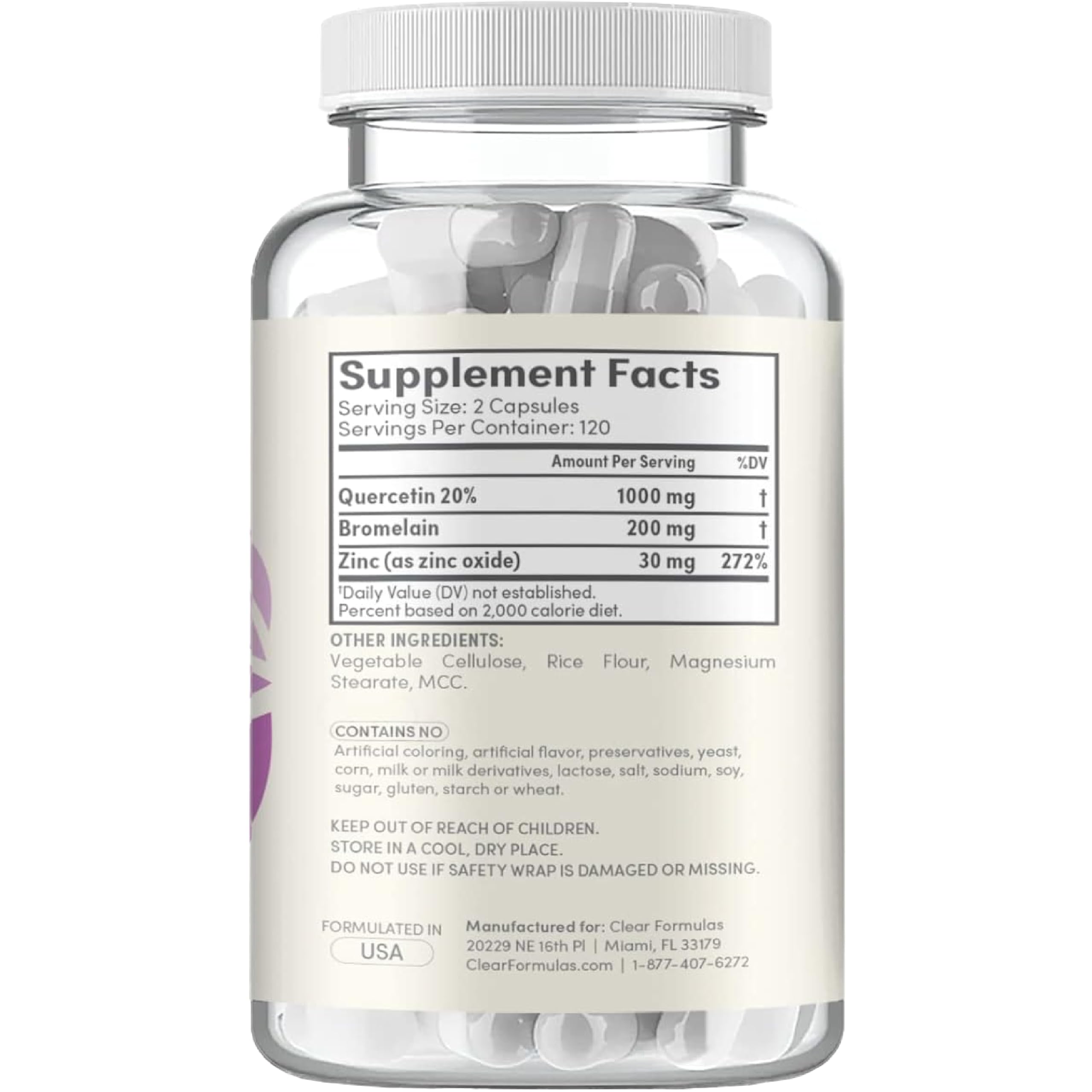 Capsules with zinc, quercetin, and bromelain ingredients arrangement