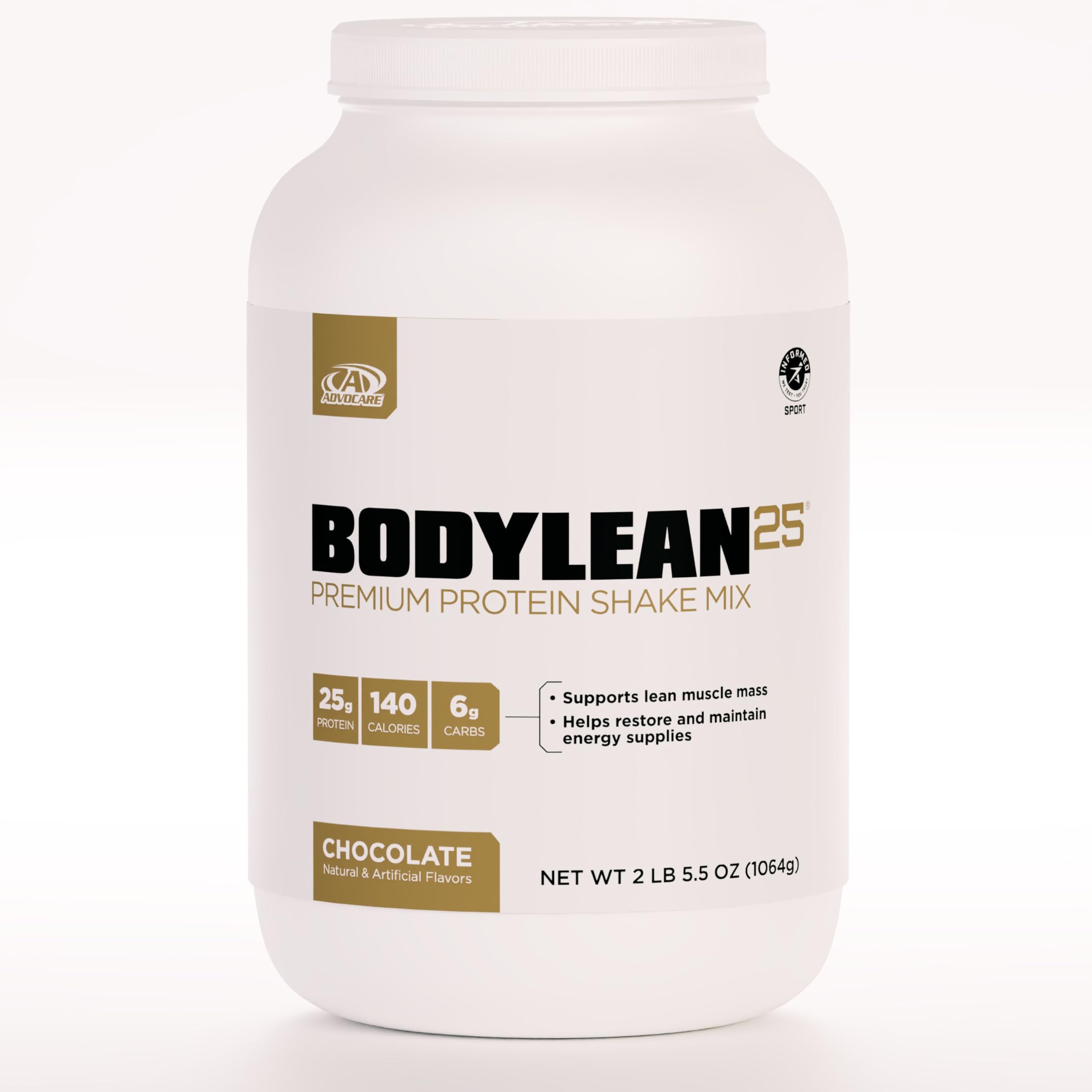 Front view of AdvoCare BodyLean25 chocolate whey protein isolate canister, 4.5 oz