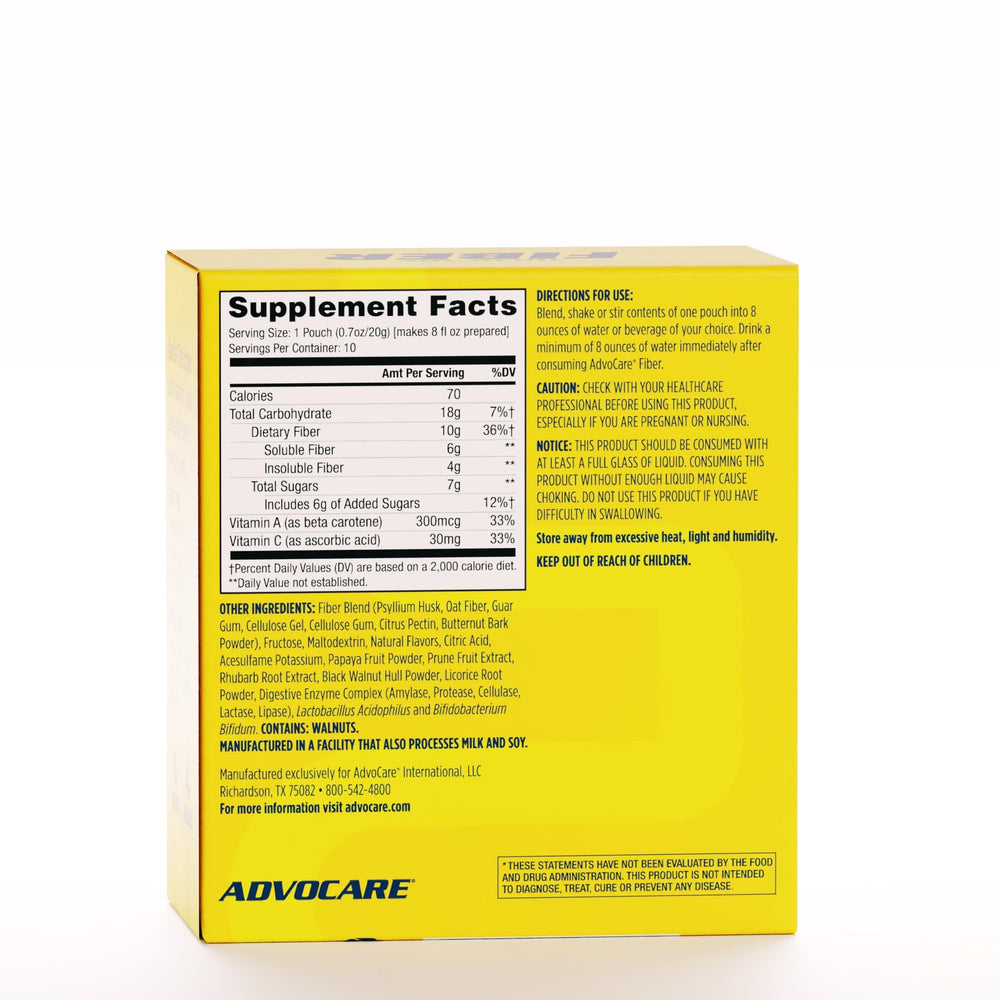 Close-up of AdvoCare Fiber powder ingredients showing psyllium husk and citric acid