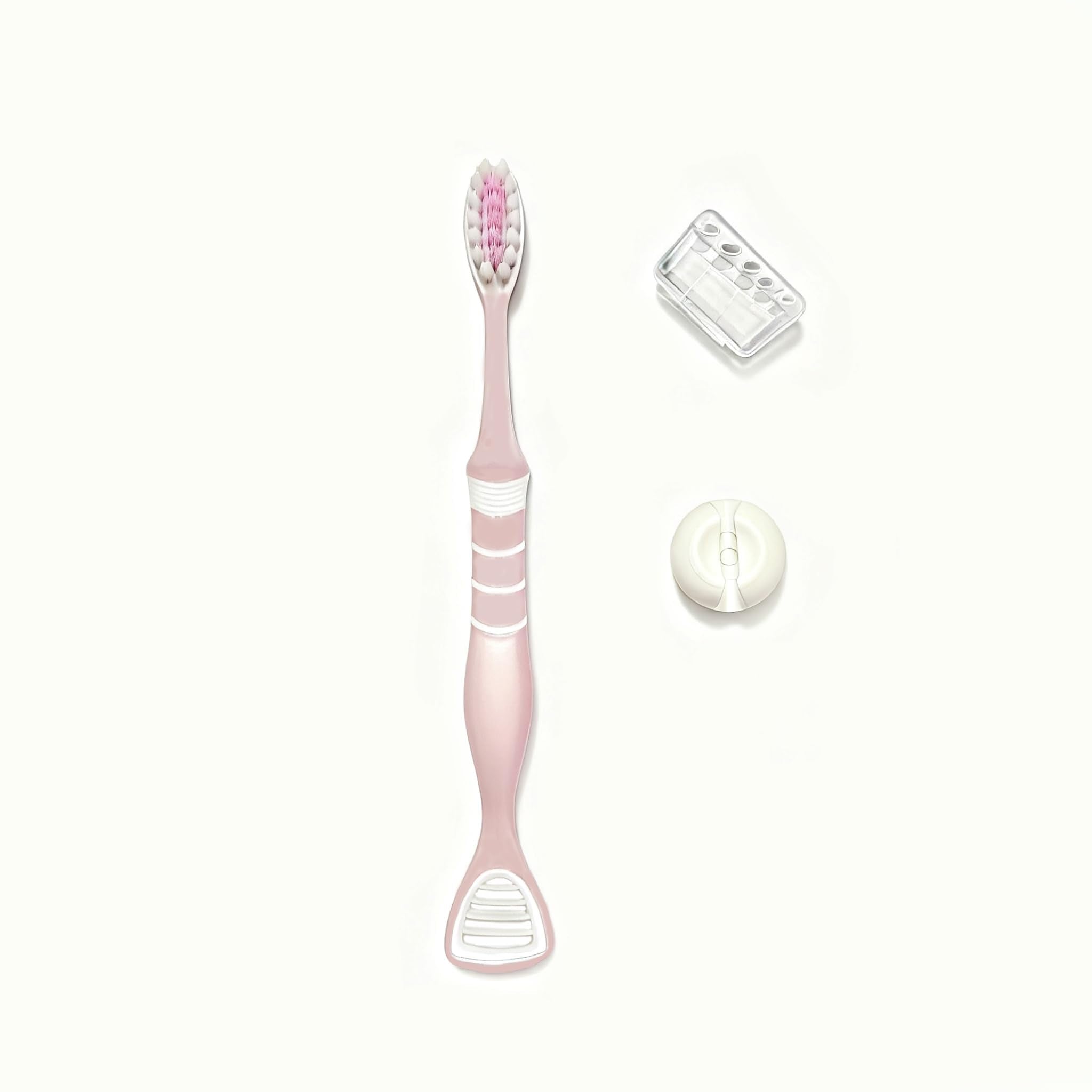 Front view of Aeiruo toothbrush with pink handle and tongue scraper