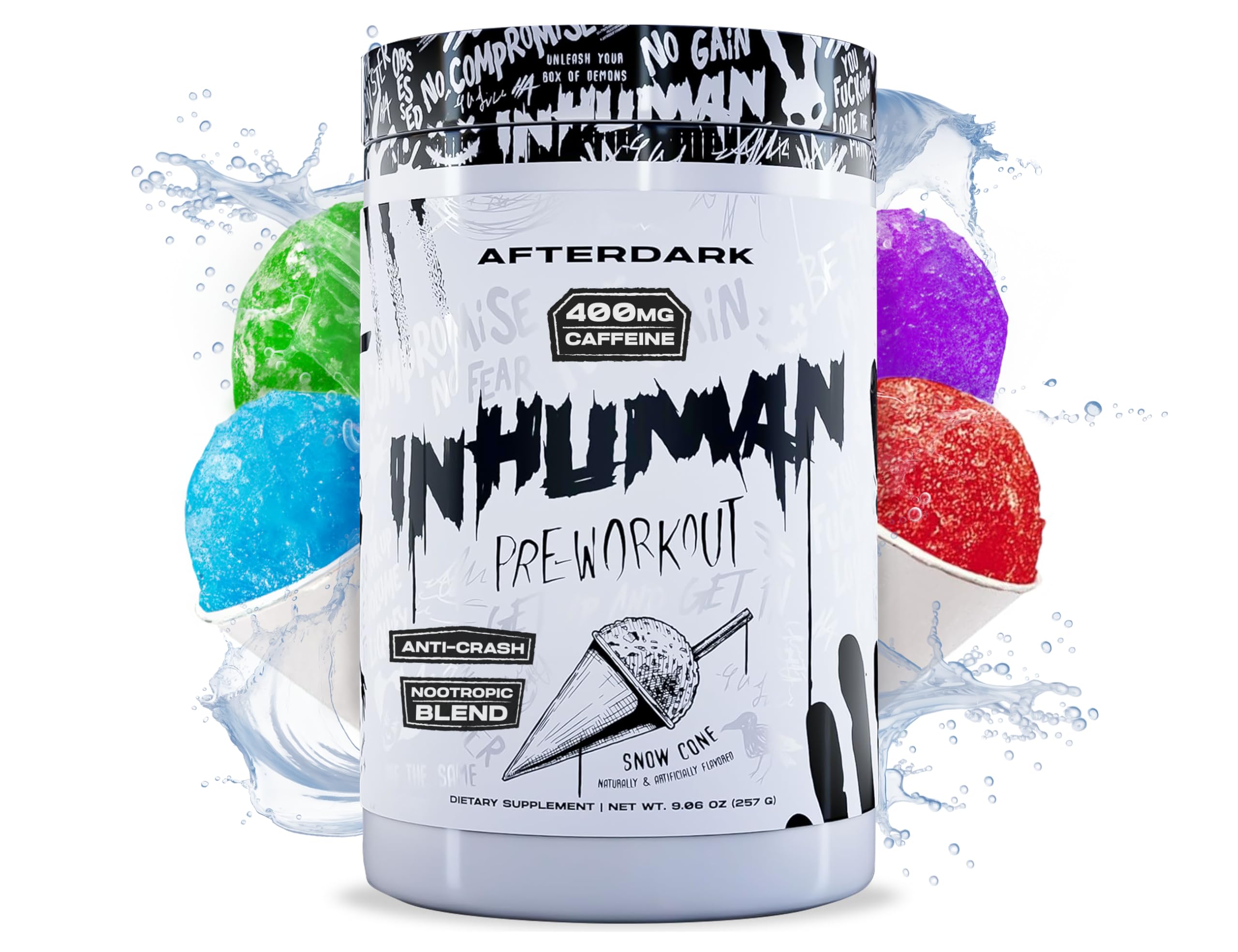 Afterdark INHUMAN snowcone bottle — refreshing pre-workout energy.