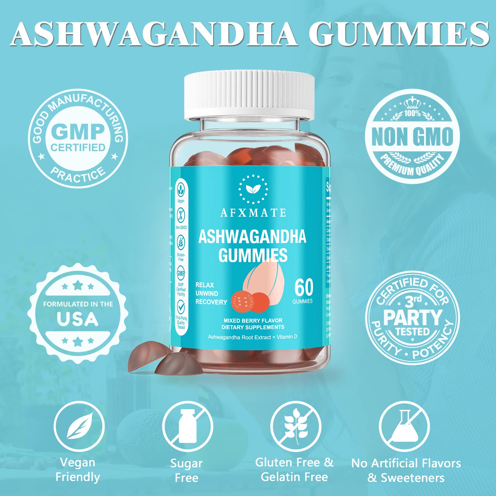 Ingredients: vegan, gelatin-free, berry-flavored Ashwagandha Gummies