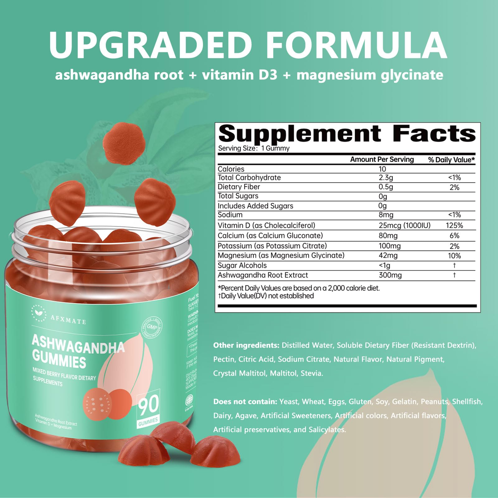 Supplement facts showing 300 mg ashwagandha per serving