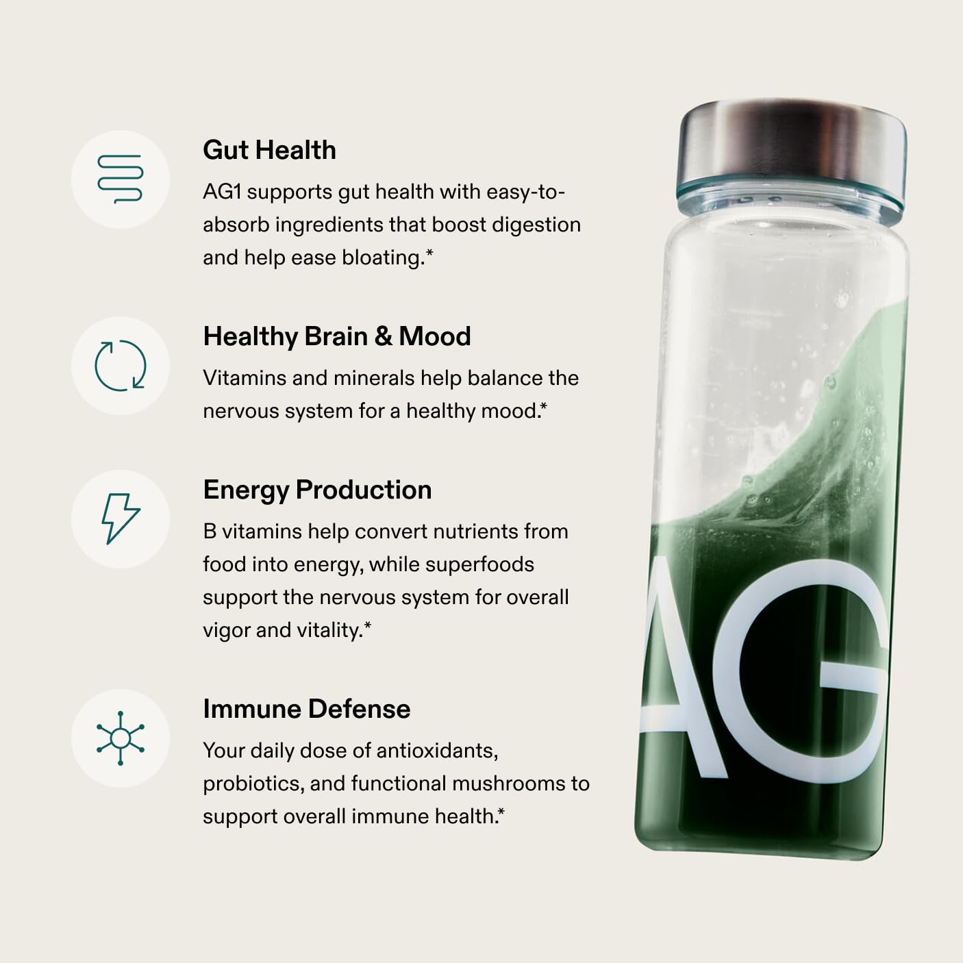 AG1 scoop stirred into a glass of water for a quick daily ritual.