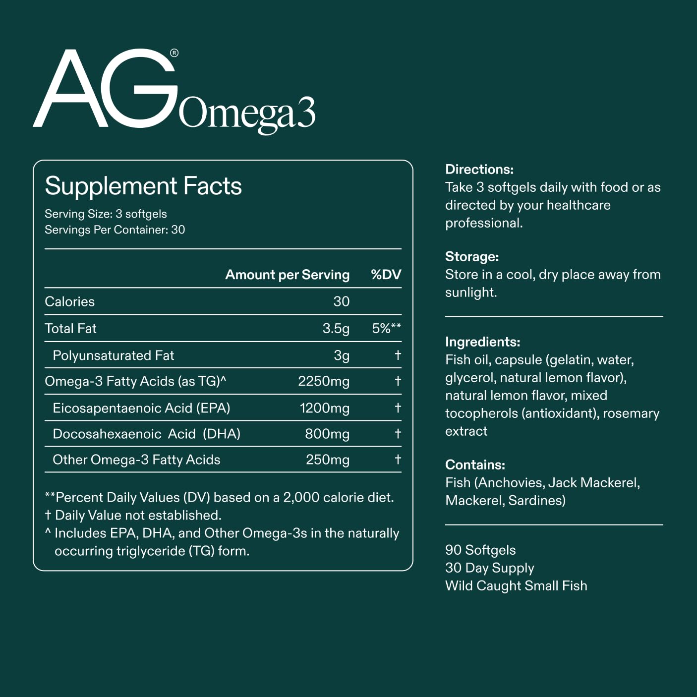Close-up of AG Omega3 label showing EPA and DHA information