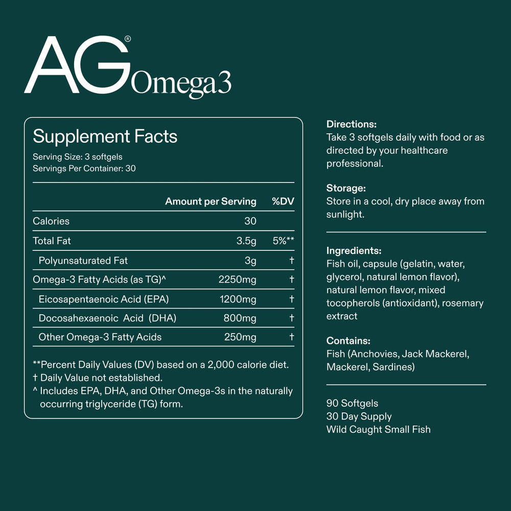 Close-up of AG Omega3 label showing EPA and DHA information