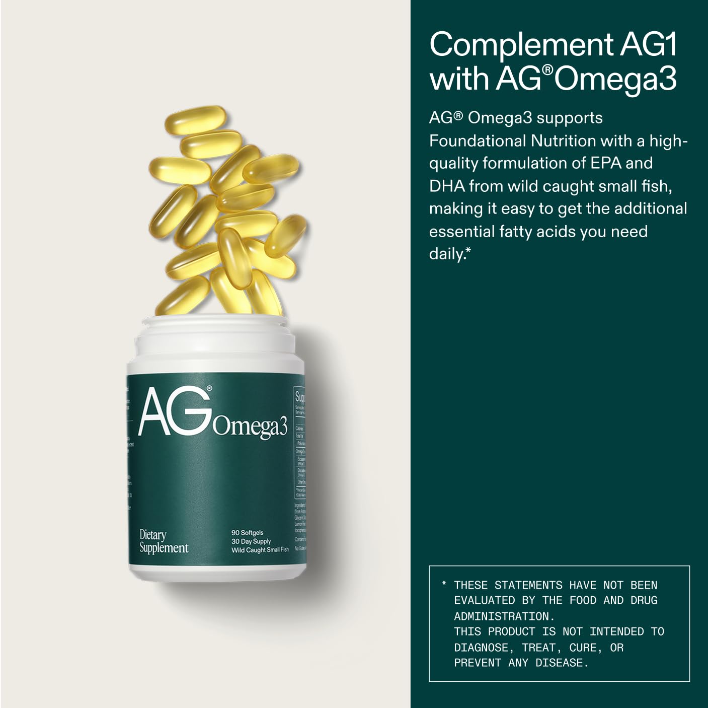 NSF Certified for Sport and Non-GMO badges on AG Omega3 packaging