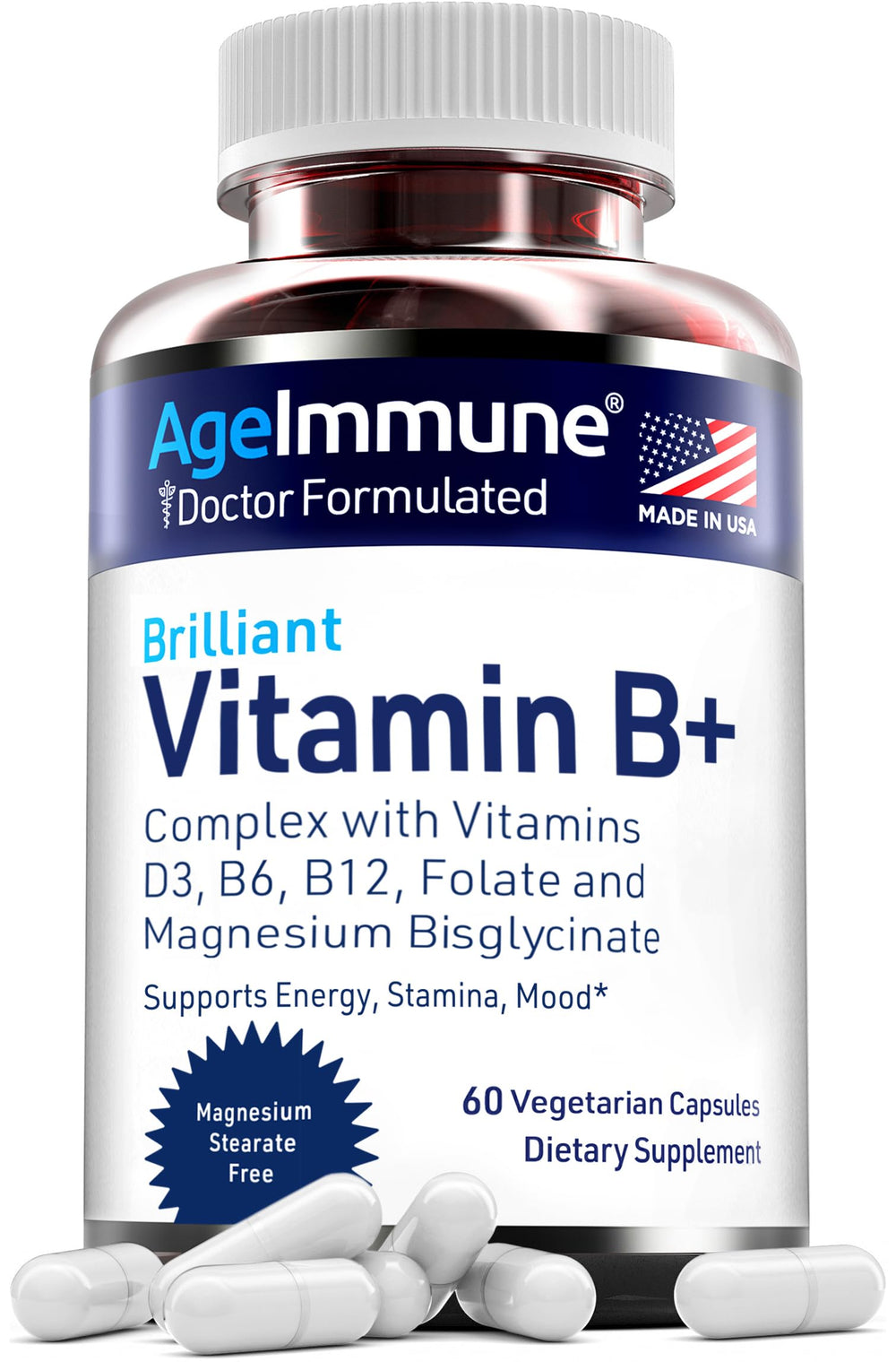 AgeImmune Vitamin B Complex bottle with D3, B12, B6, Magnesium